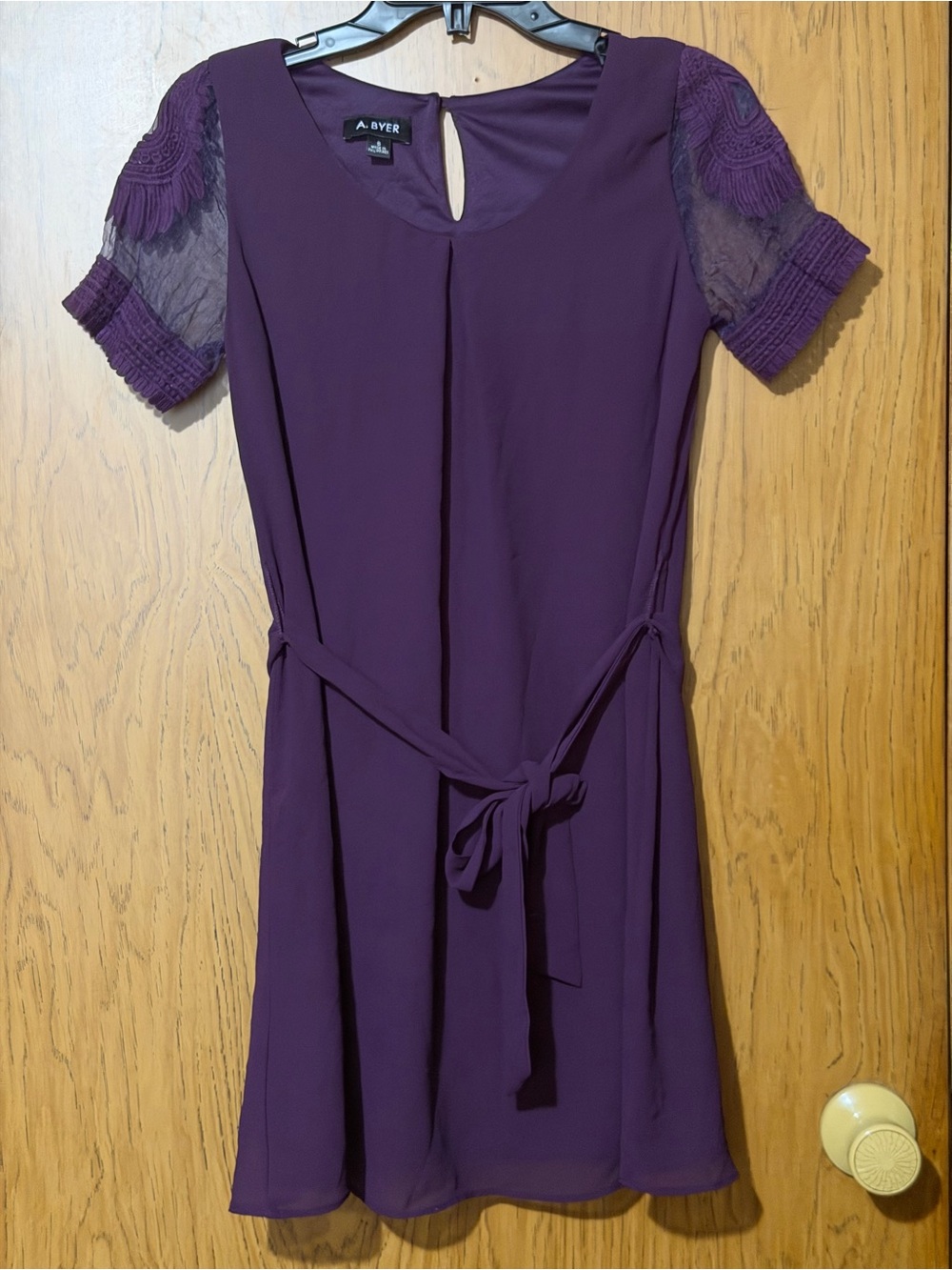 A. Byer Deep Plum Lace Sleeve Tie-Waist Dress